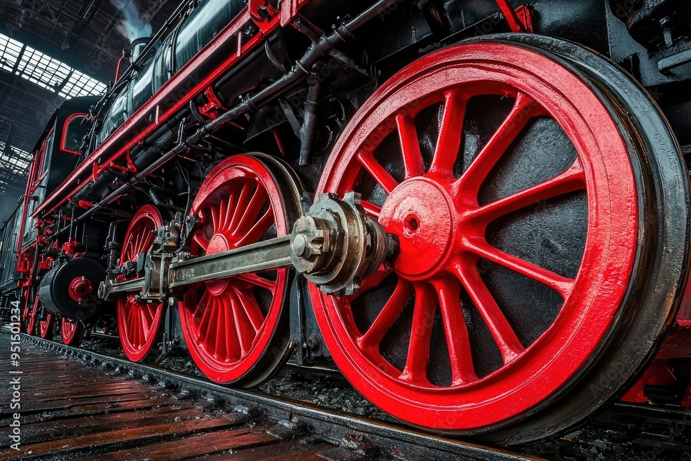 Close-up of a Red Steam Locomotive Wheel on Tracks Close-up of a Red Steam Locomotive Wheel on Tracks