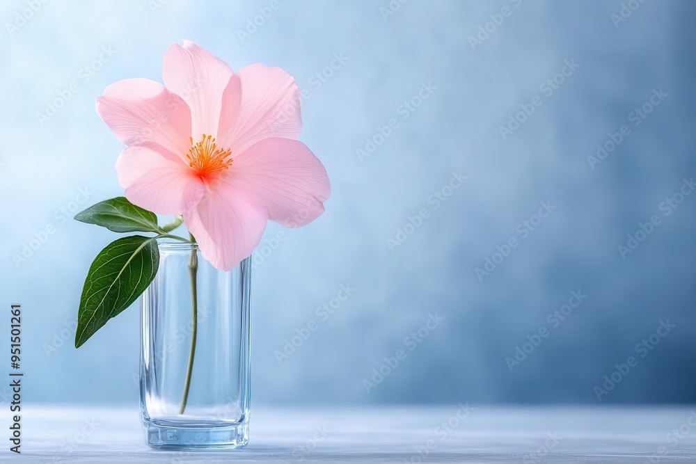 A delicate pink flower placed in a clear glass vase, showcasing its beauty against a soft blue background. A delicate pink flower placed in a clear glass vase, showcasing its beauty against a soft blue background.