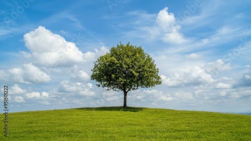 A lone tree in a green meadow, with a bright blue sky and soft clouds in the background, evoking a sense of tranquility in nature.