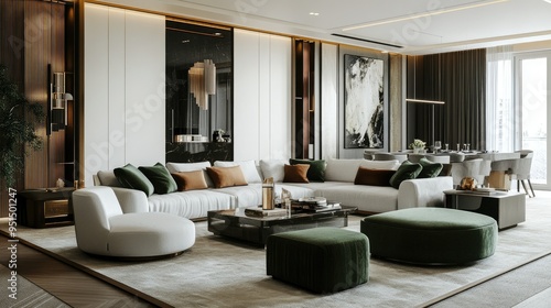 A luxurious living room in a modern apartment, featuring a harmonious blend of white and olive green decor, with plush seating and elegant accents.