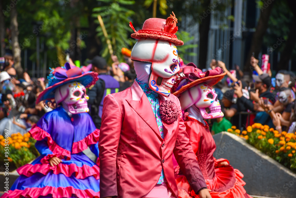 Day of the dead parade in Mexico city, Catrinas with colorful costumes in an exciting tradition Day of the dead parade in Mexico city, Catrinas with colorful costumes in an exciting tradition