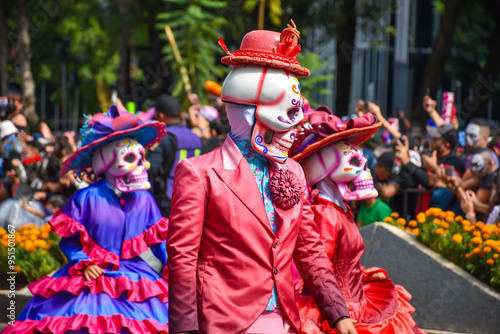 Day of the dead parade in Mexico city, Catrinas with colorful costumes in an exciting tradition