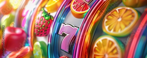 Colorful fruit slot machine with rainbow lighting effects.