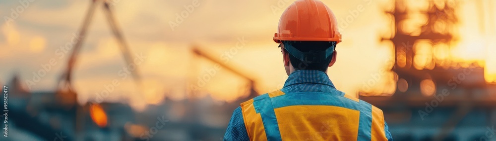 A construction worker observing a bustling site during sunset, showcasing the essence of hard work and dedication. A construction worker observing a bustling site during sunset, showcasing the essence of hard work and dedication.