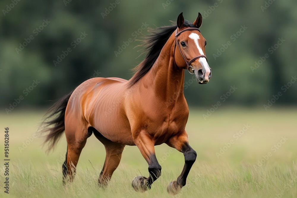 A dynamic brown horse gallops through a lush green field, embodying grace and strength in nature's beauty. A dynamic brown horse gallops through a lush green field, embodying grace and strength in nature's beauty.