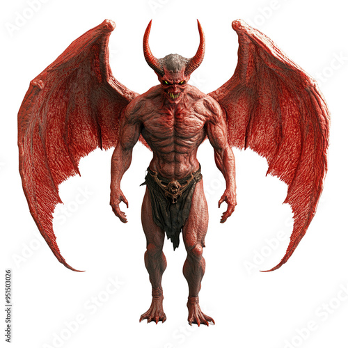 A menacing red demon with large wings and horns stands intimidatingly, showcasing a muscular physique and fearsome presence.