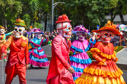 Day of the dead parade in Mexico city, Catrinas with colorful costumes in an exciting tradition