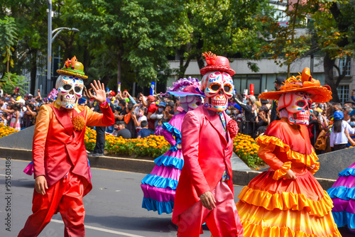Day of the dead parade in Mexico city, Catrinas with colorful costumes in an exciting tradition