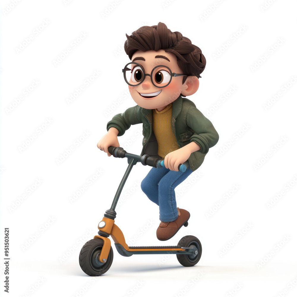 3D character, a boy doing a trick on the scooter, against a solid white background 3D character, a boy doing a trick on the scooter, against a solid white background