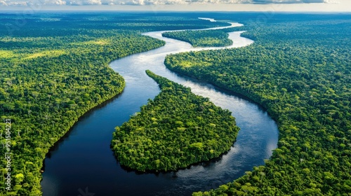 A panoramic view of the Amazon Rainforest, with its lush greenery and winding rivers, capturing the vast and diverse ecosystem of Brazil.