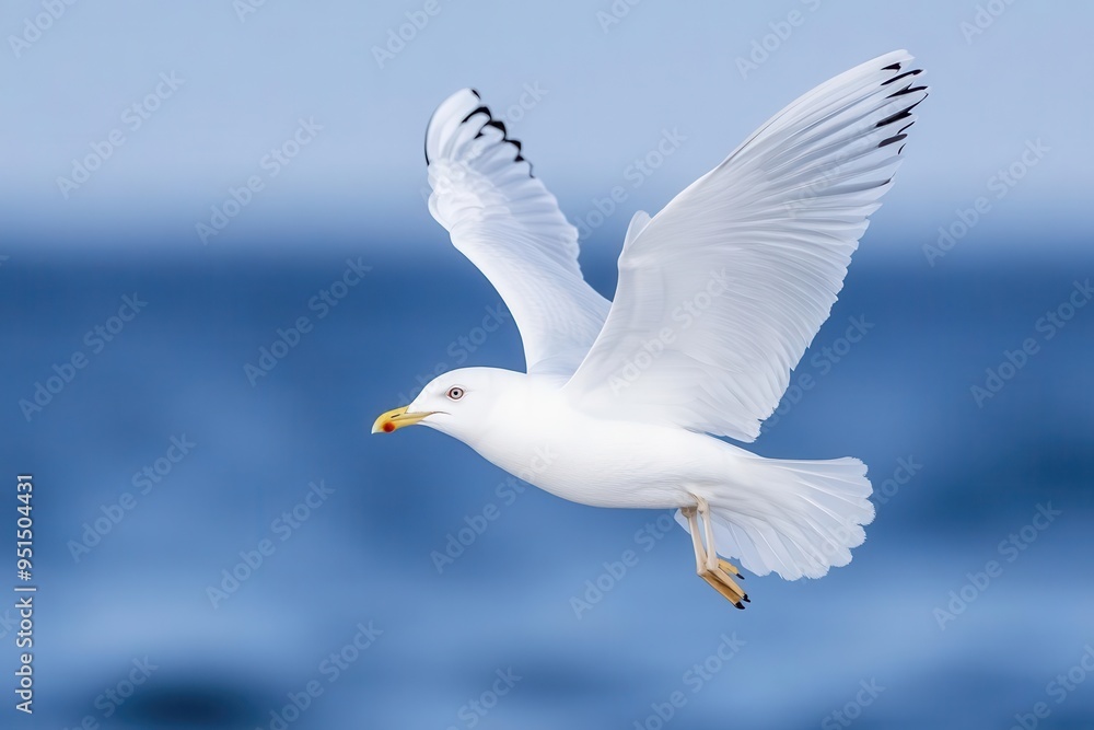 Fototapeta premium A graceful white bird gliding over the blue ocean, capturing the essence of freedom and tranquility in nature.