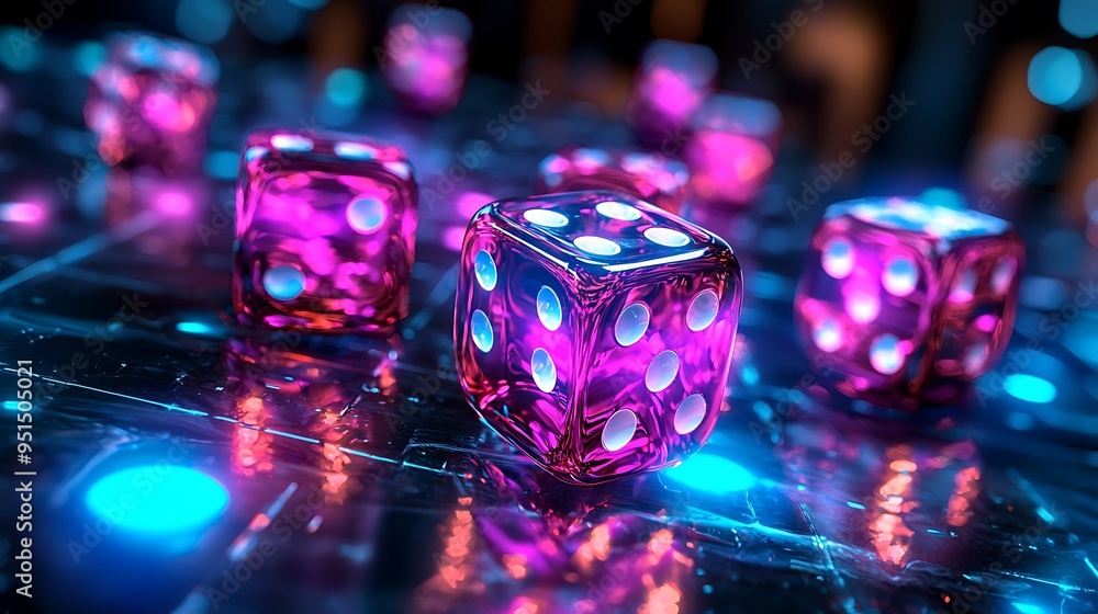 Neon dice rest on a reflective surface, embodying the thrill and uncertainty of gambling, chance, and risk. Neon dice rest on a reflective surface, embodying the thrill and uncertainty of gambling, chance, and risk.