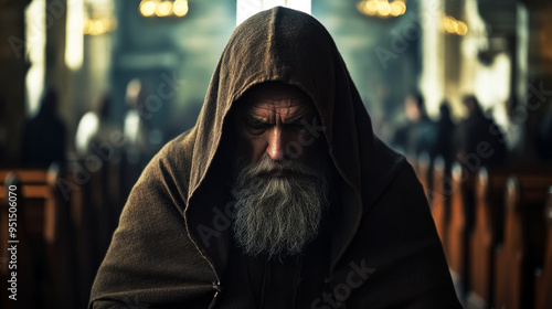 old man with a long beard and hooded	 photo