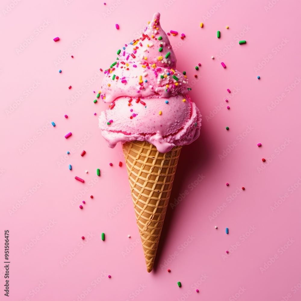 A pink ice cream cone melting on a light pink background, with colorful sprinkles scattered around A pink ice cream cone melting on a light pink background, with colorful sprinkles scattered around