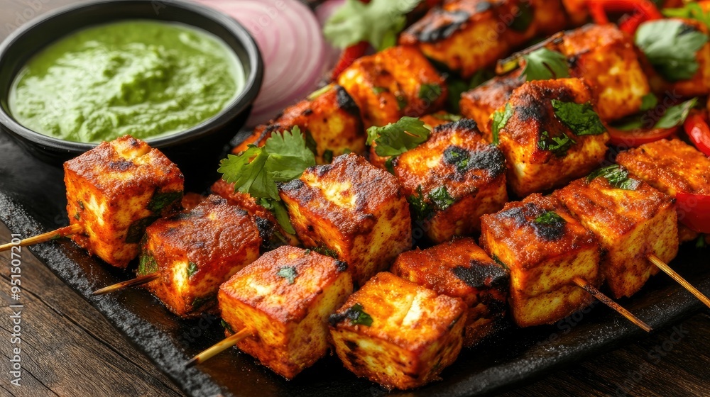 A platter of tandoori paneer tikka, with a side of mint chutney, showcasing the smoky, spicy flavors of this vegetarian appetizer. A platter of tandoori paneer tikka, with a side of mint chutney, showcasing the smoky, spicy flavors of this vegetarian appetizer.