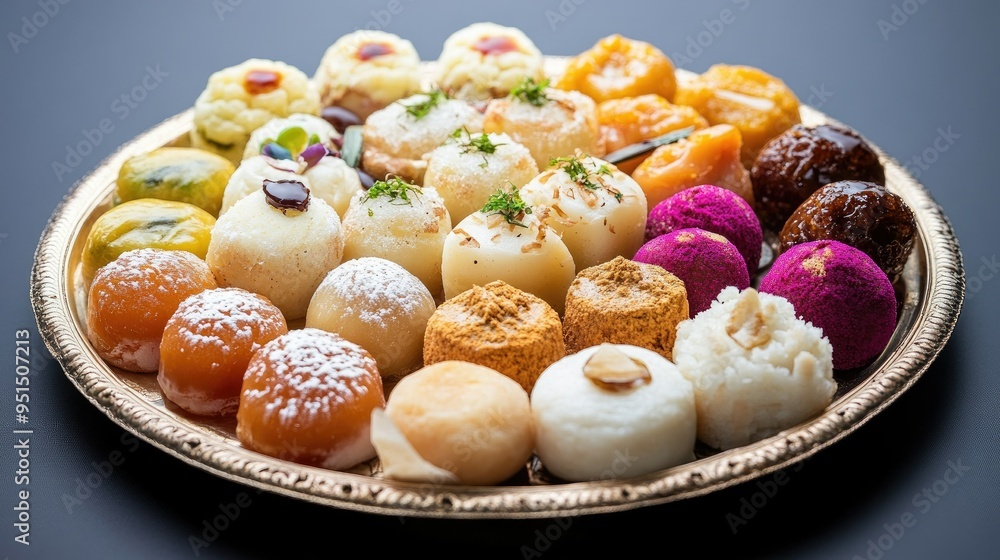 A platter of Indian desserts, including gulab jamun, rasgulla, and sandesh, highlighting the sweetness and variety of traditional sweets. A platter of Indian desserts, including gulab jamun, rasgulla, and sandesh, highlighting the sweetness and variety of traditional sweets.