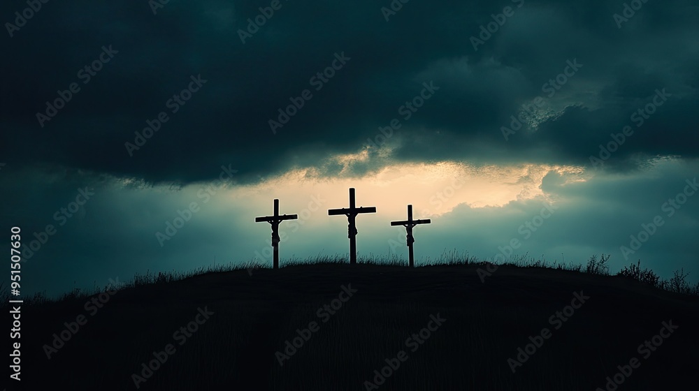 Obraz premium A powerful silhouette of three crucifixion crosses on a hill at dusk, with dark clouds gathering in the background.