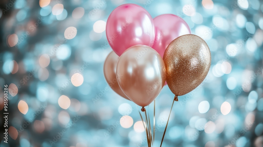 Elegant pink and gold balloons floating against a shimmering, golden bokeh background, ideal for a classy celebration. Elegant pink and gold balloons floating against a shimmering, golden bokeh background, ideal for a classy celebration.