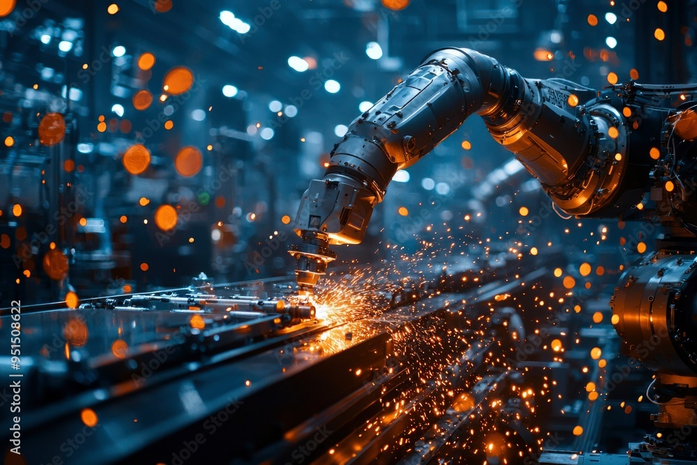 Robotic Arm Welding Metal with Sparks Flying Robotic Arm Welding Metal with Sparks Flying