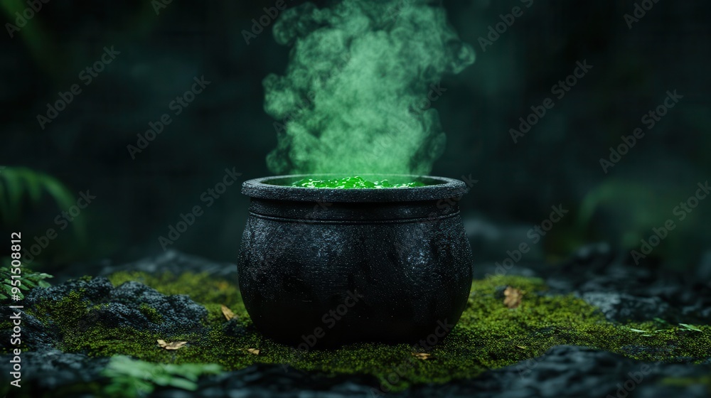 A mysterious cauldron emits green smoke in a dark forest, creating an enchanting and magical atmosphere for fantasy themes. A mysterious cauldron emits green smoke in a dark forest, creating an enchanting and magical atmosphere for fantasy themes.
