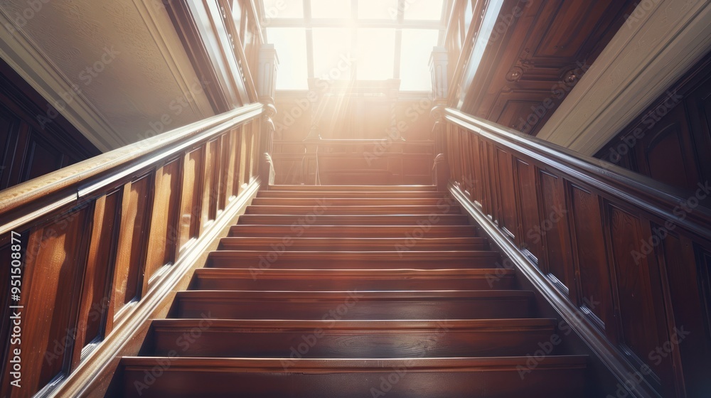 Sunlight streaming through a wooden staircase Sunlight streaming through a wooden staircase