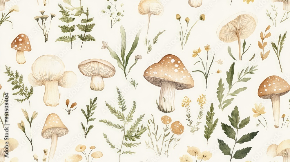 Whimsical design with tiny mushrooms, fern leaves, and delicate flowers in earthy, soft shades, ideal for tea packaging. Whimsical design with tiny mushrooms, fern leaves, and delicate flowers in earthy, soft shades, ideal for tea packaging.