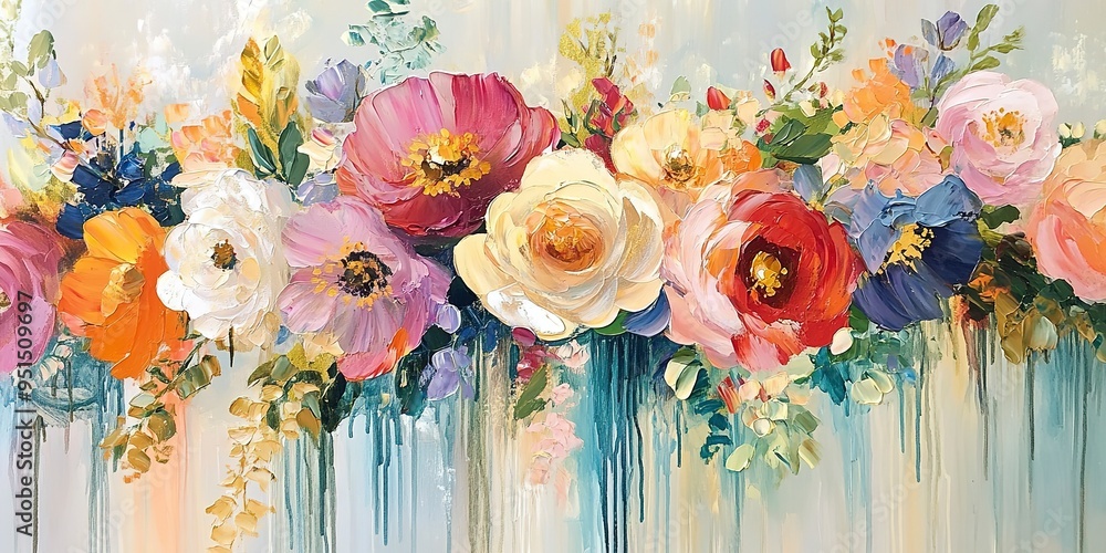 Obraz premium A detailed oil painting of colorful flowers adorning a wall, featuring abstract brushstroke techniques and hints of gold. This artwork adds a lively and dynamic touch to any space. 