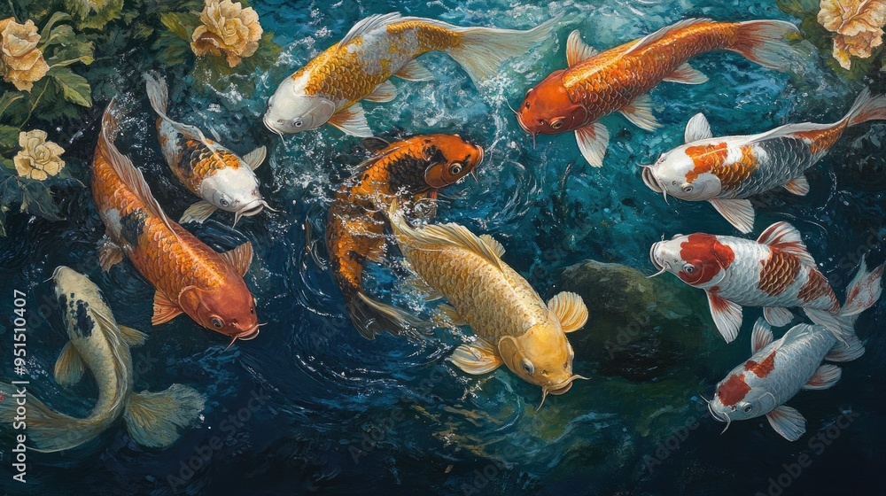 Φωτογραφία A school of Koi carps swimming gracefully in a pond, their bodies creating a beautiful tapestry of color and movement