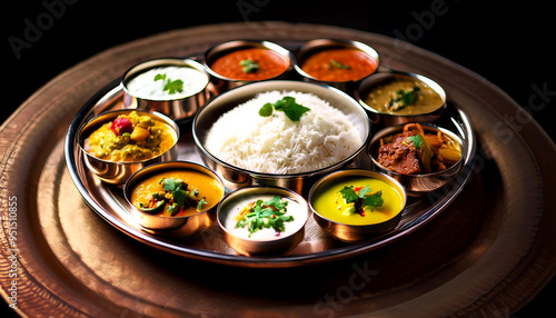 Indian Thali Featuring Various Dishes in Small Bowls on a Metal Plate photo