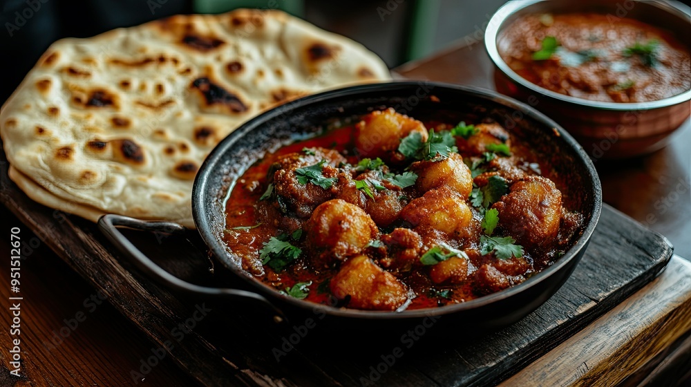 A serving of spicy vindaloo with a side of naan, capturing the bold, fiery flavors of this Goan dish. A serving of spicy vindaloo with a side of naan, capturing the bold, fiery flavors of this Goan dish.
