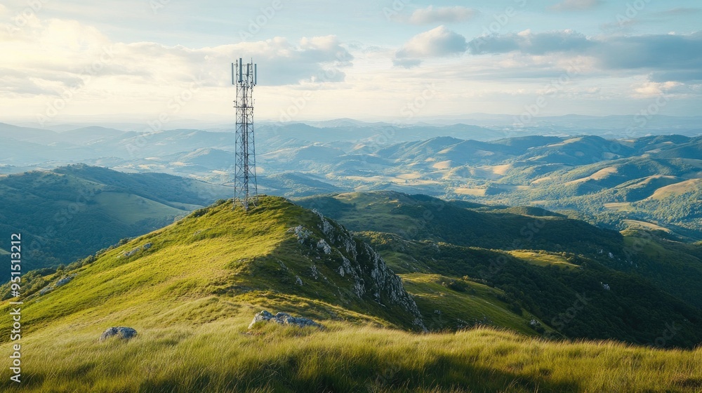 A signal tower perched on a mountain hill, with green hills and valleys stretching out below, emphasizing technology in rural landscapes. A signal tower perched on a mountain hill, with green hills and valleys stretching out below, emphasizing technology in rural landscapes.