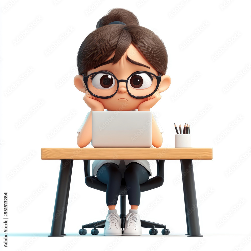 3D cartoon, a female office worker sits at the desk with a tired gesture, wearing glasses while sitting on a chair in front of a laptop computer. on a solid white background 3D cartoon, a female office worker sits at the desk with a tired gesture, wearing glasses while sitting on a chair in front of a laptop computer. on a solid white background