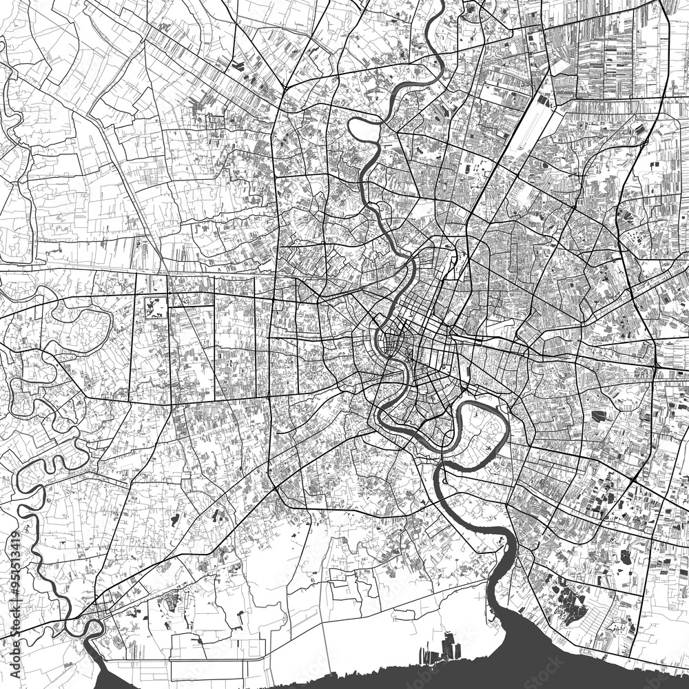 Bangkok Thailand City Monochrome Black and White Minimalist Street Road Aesthetic Decoration Map Bangkok Thailand City Monochrome Black and White Minimalist Street Road Aesthetic Decoration Map