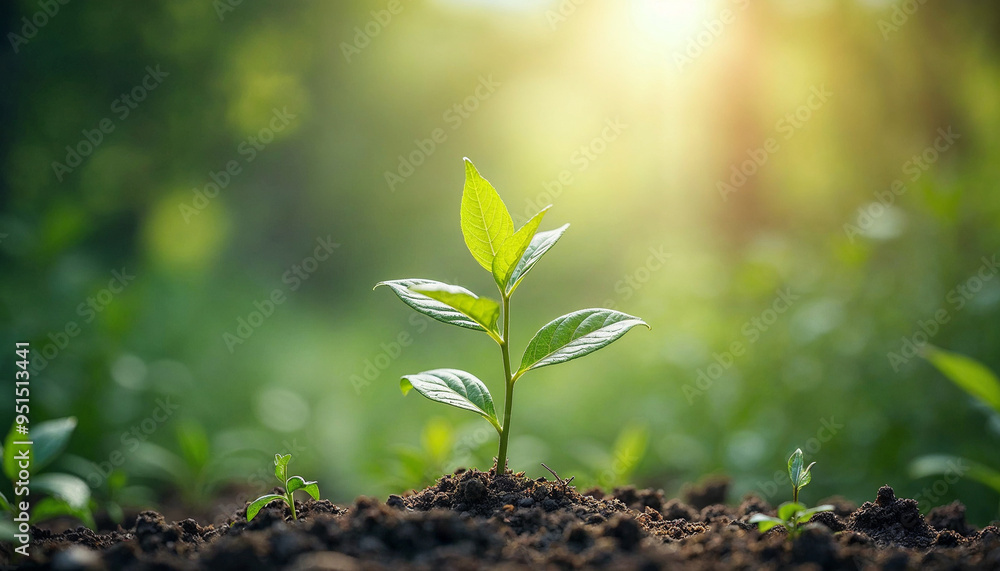 Young Green Plant Sprouting in Soil with Sunlit Background Young Green Plant Sprouting in Soil with Sunlit Background