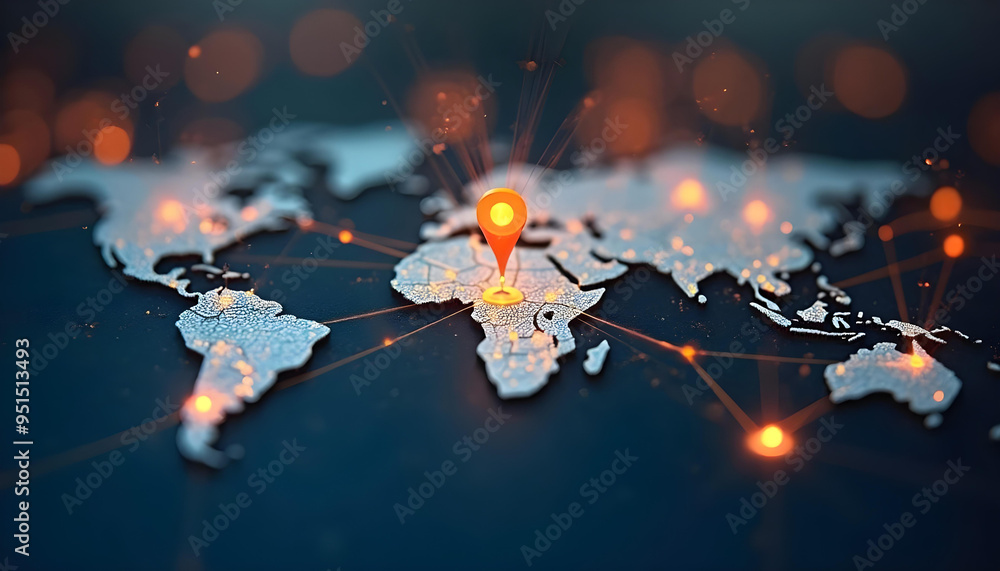 World Map with a Pinpoint and Illuminated Connections World Map with a Pinpoint and Illuminated Connections