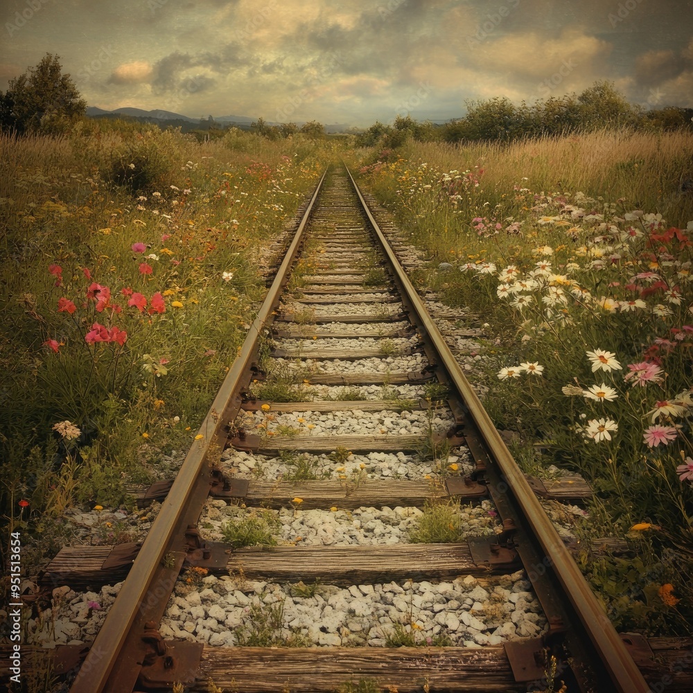 Obraz premium A single railroad track running through open countryside, with wildflowers growing alongside the rails