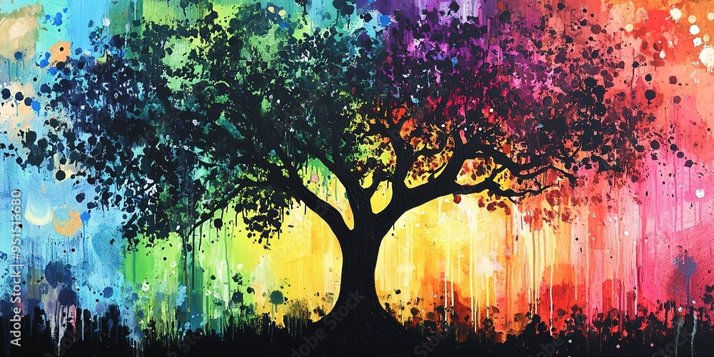 Fototapeta premium tree black paint background rainbow colorful drops a art light modern pattern graphic illustration technology painting drawing