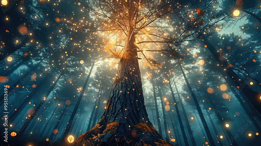 Φωτογραφία A tall pine tree stands in the middle of an enchanted forest, with a teal and gold color palette and sparkling lights