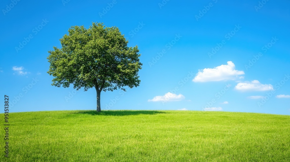 A single tree in a grassy meadow, with a clear blue sky and a few clouds in the distance, creating a peaceful natural landscape. A single tree in a grassy meadow, with a clear blue sky and a few clouds in the distance, creating a peaceful natural landscape.