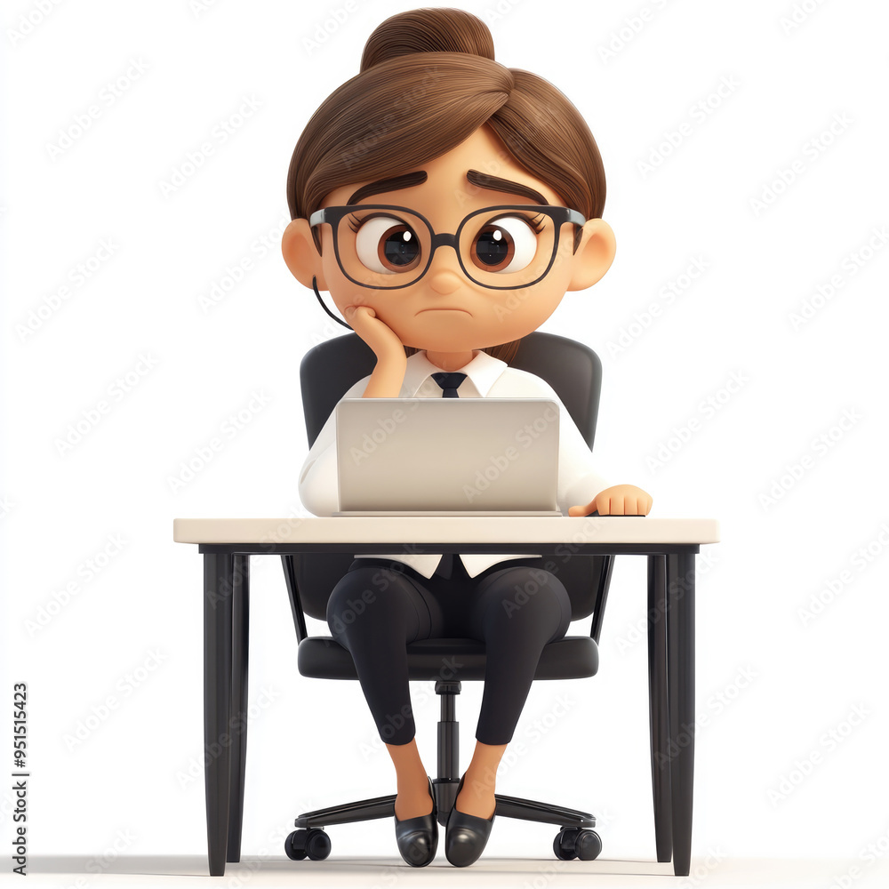 3D cartoon, a female office worker sits at the desk with a tired gesture, wearing glasses while sitting on a chair in front of a laptop computer. on a solid white background 3D cartoon, a female office worker sits at the desk with a tired gesture, wearing glasses while sitting on a chair in front of a laptop computer. on a solid white background