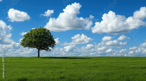 A solitary tree standing tall in a lush green meadow, with a brilliant blue sky and fluffy white clouds in the background.