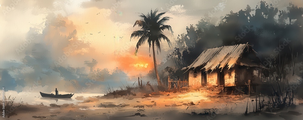 Fototapeta premium Scenic sunset over a tranquil river with a rustic hut and palm tree, reflecting peaceful nature and solitude.