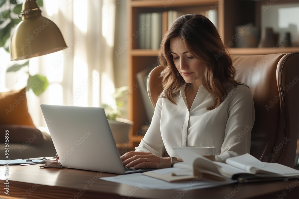 Realistic Home Office with Woman, Laptop, and Bookshelf Realistic Home Office with Woman, Laptop, and Bookshelf