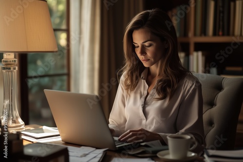 Comfortable Home Office Scene with Daylight and Desk Lamp