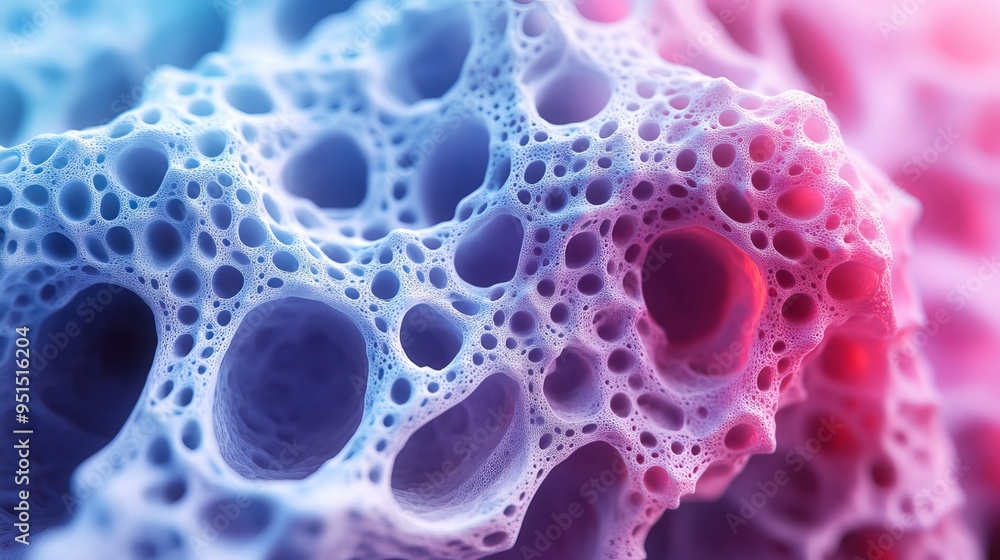 Detailed close-up of a vibrant porous structure showcasing intricate textures Detailed close-up of a vibrant porous structure showcasing intricate textures
