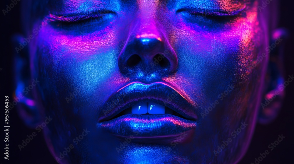 Vibrant close-up of a serene face illuminated with neon colors in a dark setting Vibrant close-up of a serene face illuminated with neon colors in a dark setting