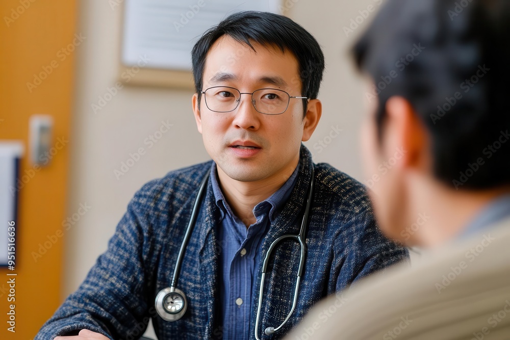 Fototapeta premium A doctor consults with a patient in a warm and professional environment, showcasing care and attention to health concerns.