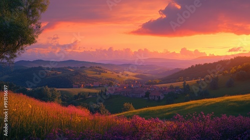 A stunning horizon at sunset, with the sky ablaze in orange and pink hues, overlooking a tranquil countryside village nestled in the green hills.