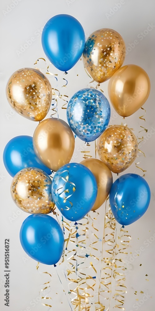 Colorful blue and gold balloons with confetti, perfect for celebrations, decorations, banner, card Colorful blue and gold balloons with confetti, perfect for celebrations, decorations, banner, card