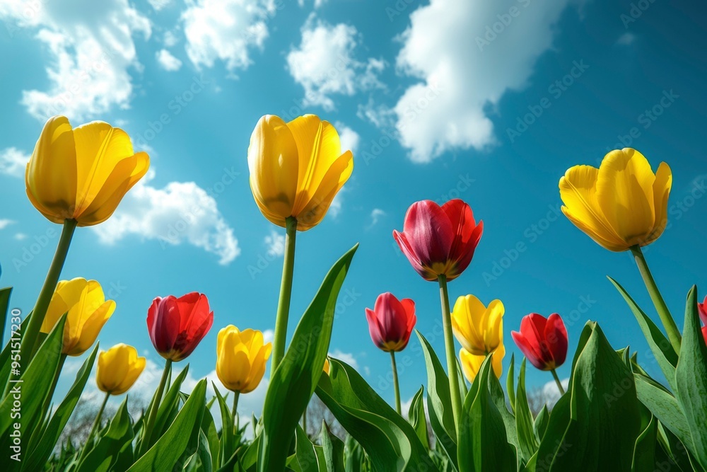 Yellow and Red Tulips Blooming Against a Blue Sky Yellow and Red Tulips Blooming Against a Blue Sky